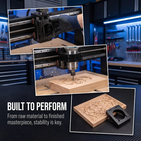 Industrial Grade 65mm Cnc Spindle Stabilizing Clamp Rack mounted on CNC setup for precise wood carving operations.