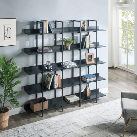 Five Tier Industrial Bookshelf With Extra Wide Open Shelves MDF Panels Heavy Duty Steel Frame in living room setting