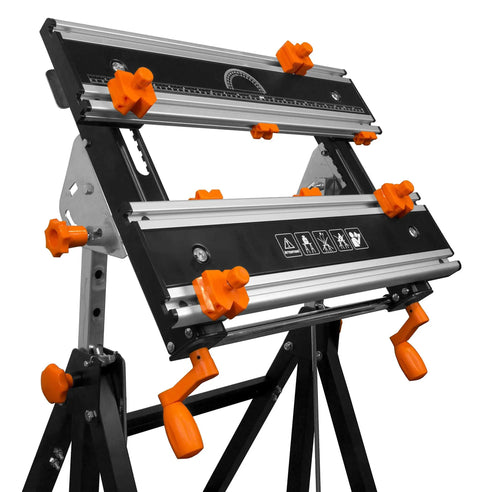 Height Adjustable Tilting Steel Work Bench With Vise 24 Inch Table Extends From 24 By 11.75 To 24 By 19 Collapsible Portable Design