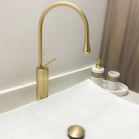 Brushed Gold Vessel Sink Faucet With High Arc, Single Lever Handle, Tall Solid Brass Vanity Tap, Pop Up Drain Included