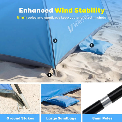 Beach Tent Sun Shelter For 3 4 6 8 People UPF 50 UV Protection Cabana Shade Tent with ground stakes and sandbags on beach