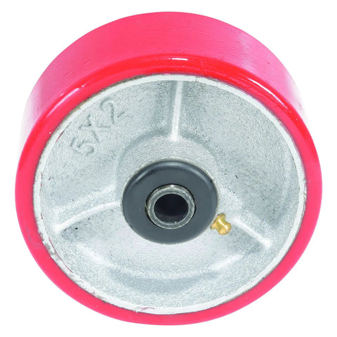 Industrial Grade Polyurethane Replacement Wheel Five By Two Inches Red And Silver Finish top view showcasing smooth surface.