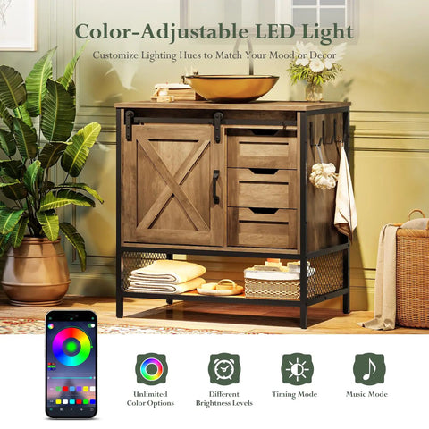30 Inch Farmhouse Bathroom Vanity With Rustic Brown Wood Cabinet And Tempered Glass Vessel Sink Zero Stress Cleaning Rock Solid Frame with color-adjustable LED light.
