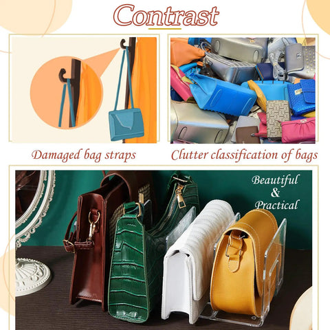 Clear Plastic Purse Organizer For Closet, 13 By 6 By 5 Inches, 4 Section Shelf Dividers in use with various bags displayed