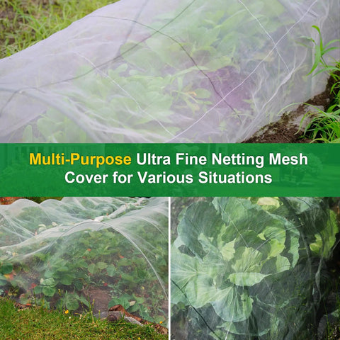 Ultra Fine Garden Netting 10x50ft Insect Barrier for Raised Beds covering crops, 0.8mm x 1mm mesh visible in use.