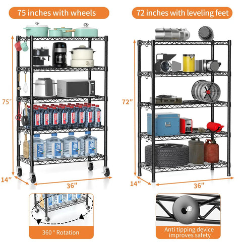 Heavy Duty 5 Tier Wire Shelving Unit With Beefy Rolling Casters Adjustable Black Metal Storage Rack NSF Certified 1900 Lbs Capacity 36 By 14 By 72 Inches showing kitchen and garage storage use.