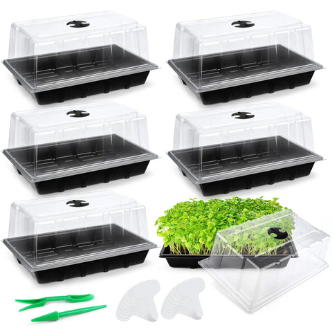 Six Pack Seed Starter Tray Kit With Humidity Domes, Plastic Germination Trays, Plant Labels, Mini Garden Tools and Seedlings