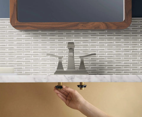Truss Center Set Lav Faucet With Two Lever Handles For Hot And Cold Water installation beneath a modern bathroom sink