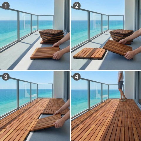 EZ-Floor Interlocking Teak Flooring Tiles With Solid Teak Wood Oil Finish Long Slat Set Of 10 being installed on a balcony