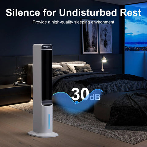 3-in-1 Windowless Evaporative Cooler Tower Fan With Remote, 41 Inch Tall, in a bedroom setting, designed for quiet operation.