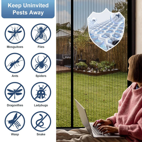 Woman sitting with laptop beside Magnetic Screen Door Mesh Fits 32 By 80 Inch Door With Curtain Size 34 By 82 Inch, against pests.
