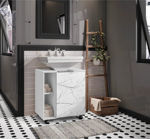 Easy Pedestal Sink Vanity Cabinet With Open Shelf Storage For Small Bathrooms, 21.73 Inch White Carrara Finish view