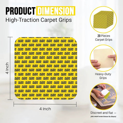 Image of Rug Gripper Tape Double Sided Anti Slip Carpet Tape 20 Pack 4x4 Inch Pads For Hardwood And Tile Floors No Damage Reusable Non Slip Rugs.
