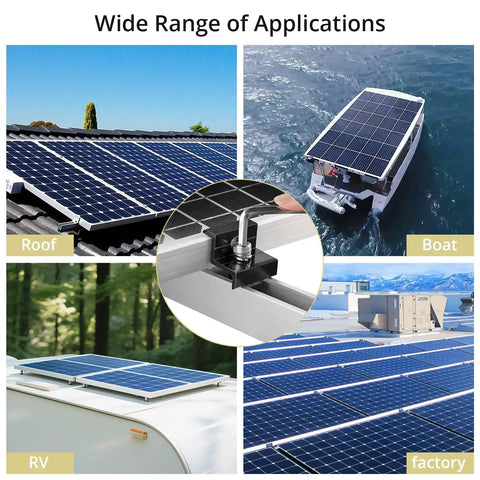 Solar Panel Mounting Kit for Four Panels With 4.72 Inch Rails in Black and Silver, rooftop, boat, RV, and factory installations
