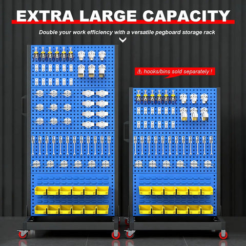 Heavy Duty Mobile 4 Tier Steel Workshop Shelving Unit With Wheels And Handle, blue pegboard with bins and hooks displayed