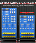 Heavy Duty 2 Tier Mobile Steel Workshop Shelving Unit with pegboard and bins for tools, lockable wheels, handles visible