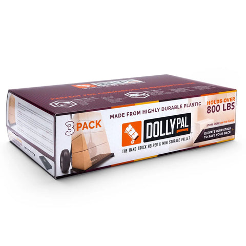 Built Tough Hand Truck Helper And Mini Storage Pallet Deck Made For Smooth Sailing On Concrete Floors With Serious Weight Carrying Power For Heavy Jobs Three Pack packaging showing durable plastic construction.