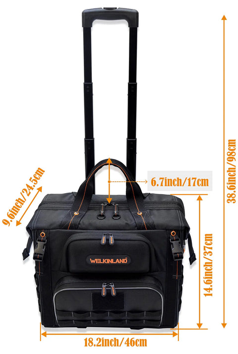 46 Pocket 26 Inch Rolling Tool Bag On Wheels For Pros shown upright with measurements and telescoping handle