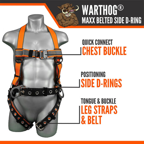 Warthog MAXX Side D-Ring Fall Protection Safety Harness With Removable Safety Belt, full body, orange straps, X-Small