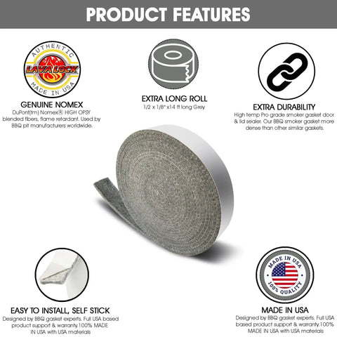 High Temp Replacement Gasket Kit for Big Green Egg Ceramic Lids LG XL XXL, Easy Install Self-Adhesive Gray Seal, roll view