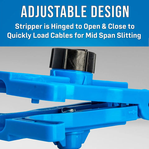 Close-up of FOR-3000 Round Fiber Optic Cable Stripper, blue adjustable design for 9 to 19 mm cables with mid span slitting.