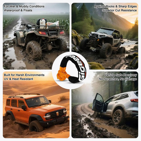Image collage showing an off-road vehicle and Beefy Half Inch By 22 Inch Soft Shackle Recovery Kit For Off Road Winch And Vehicle Towing 56000 Lbs Capacity Lightweight UHMWPE Fiber Orange Durable And Wear Resistant For Rugged Trails, highlighting durability and use in muddy and rocky conditions.