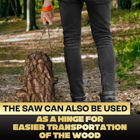 Person carrying wood using Pocket Chainsaw For Survival with Bag Stainless Steel 25 Inch Folding Tree Saw as a hinge in forest.