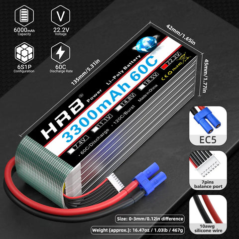 Two Pack 6S 3300mAh LiPo Battery EC5 60C Soft Case 22.2V for RC Plane with 6000mAh capacity and EC5 plug visible.