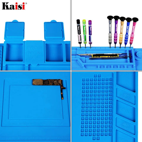 Heat Resistant Silicone Repair Mat With Built In Scale Ruler And Screw Positioning For Soldering Iron Phone And Computer Repair Size 17.7 By 11.8 Inches 124 Screw Holes 3 Covered Storage Pockets Keeps Workbench Safe From Heat with tools and components displayed.