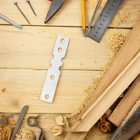 Beefed Up Heavy Duty Joining Plates For Wooden Door Frames Iron Metal Door Plates shown on woodworking table with tools
