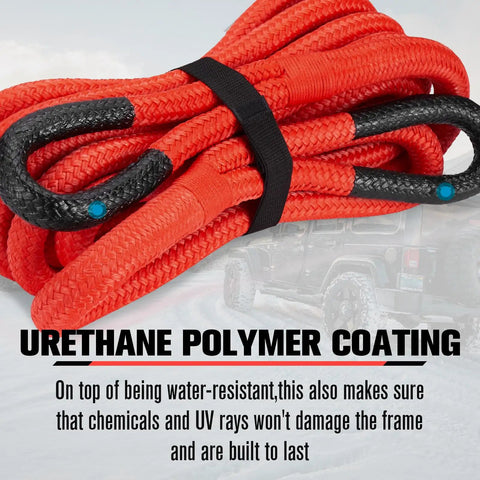 Trail Ready Kinetic Recovery Rope Kit with Two Heavy Duty Synthetic Soft Shackles and Storage Bag, 30-foot nylon rope, water-resistant.
