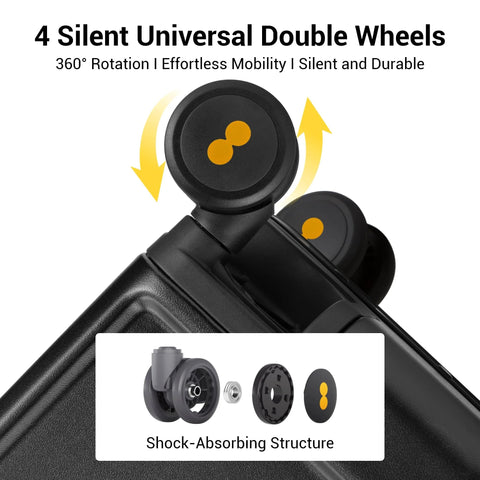 Silent double wheels on aluminum frame zipperless carry-on luggage for effortless mobility.