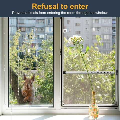 Heavy Duty Portable Door Stopper And Adjustable Security Bar For Front Door And Sliding Window Locks Hotel Room Safety Barricade Fo Sho Secure Hella Solid 2 In 1 Setup with a squirrel outside the window.