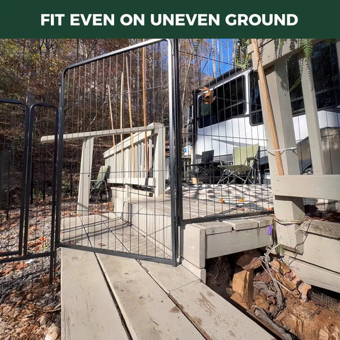 Hassle Free Quick Setup Dog Playpen With Detachable Sun Shade For Road Trips, 40 Inch tall enclosure fitting on uneven ground.