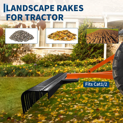 Heavy Duty 6 Foot Tractor Landscape Rake With 37 Steel Tines, 360 Degree Rotation, orange finish, shown in garden setting