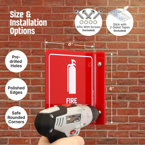 Fire Extinguisher Projecting Sign With Down Arrow 6 Inch Polished Acrylic Visible From Both Directions L Bend Wall Mount 120 Mil High Impact Signage For Hallways Durable Fire Safety Indicator being installed on brick wall using a drill.