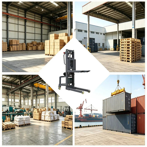Handy Electric Pallet Stacker With Winch Lifts 600 Lbs Heavy Gear in spacious warehouse with stacked boxes