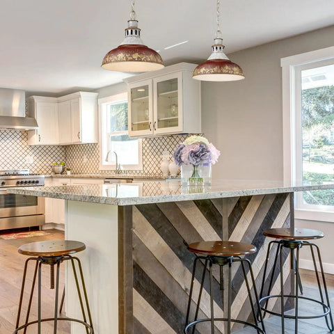 Kinsley Pendant Light In Aged Galvanized Steel over modern farmhouse kitchen island with industrial vibe.