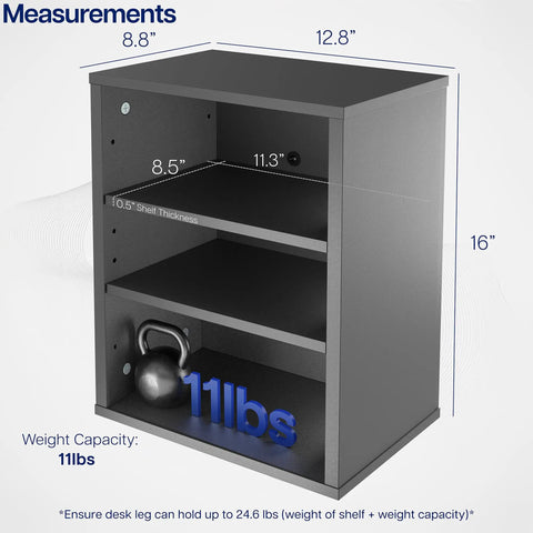 Clamp-On Under Desk Shelving Unit with three-level storage, measurements, and weight capacity for office accessories, black finish.
