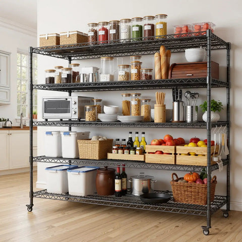 Badass Heavy Duty Five Tier Wire Shelving With Smooth Rollin Caster Wheels And Adjustable Steel Storage Rack For Garages Workshops And Commercial Spaces Providing Top Shelf Organization showcasing kitchen storage and organization.