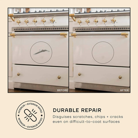 White Paint Touch Up For Appliances And Porcelain High Gloss Enamel No 04 White Haze 1.5 Oz Ideal Bathtub Tile And Appliance Repair For Interior And Exterior Use Quick Fix product shown on scratched and repaired stove surface, before and after views.