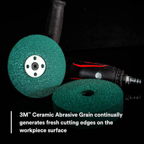 Green Corps Fiber Disc 36507 5 Inch By 7/8 Inch Ceramic Resin Bond Abrasive Disc 40 Plus Grit shown with tool