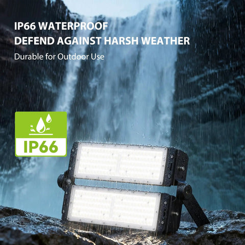 Hella Bright 150W LED Flood Light Outdoor With 13500 Lumens 330 Degree Wide Beam under waterfall showing IP66 waterproofing