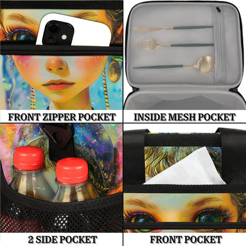 Insulated Picnic Backpack Lunch Box Tote pockets detail, including front zipper, inside mesh, and side bottle pockets