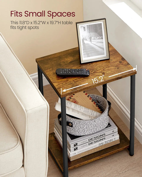 Set Of Two Industrial Style End Tables With Rustic Brown Tops And Matte Black Steel Frames, compact beside sofa with decor