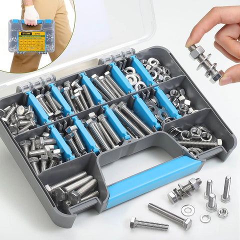 267 Piece Hex Bolts And Nuts Assortment Kit With Washers SAE Fasteners in various sizes in a compartmentalized case
