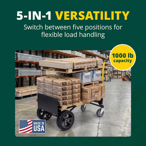 Kwik Shift Five In One Convertible Hand Truck 1000 Pound Capacity Steel Dolly And Cart loaded with materials in warehouse