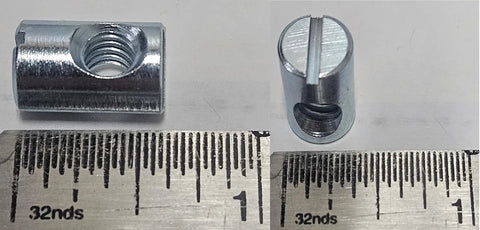 Cross Dowels and Barrel Nuts Bulk Pack Twenty Five One Quarter Twenty Thread Zinc Plated Steel 16 Millimeter By 10 Millimeter Off Centered CNC Slotted Hardware Connectors with ruler