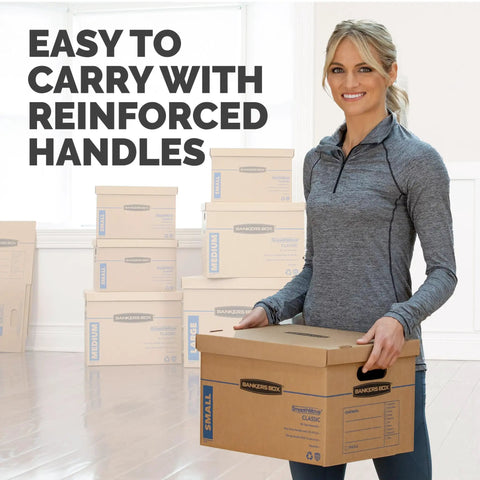 Hassle Free Small Moving Boxes With Reinforced Handles And Lift Off Lids Tape Free Assembly Heavy Duty Cardboard Carriers displayed.