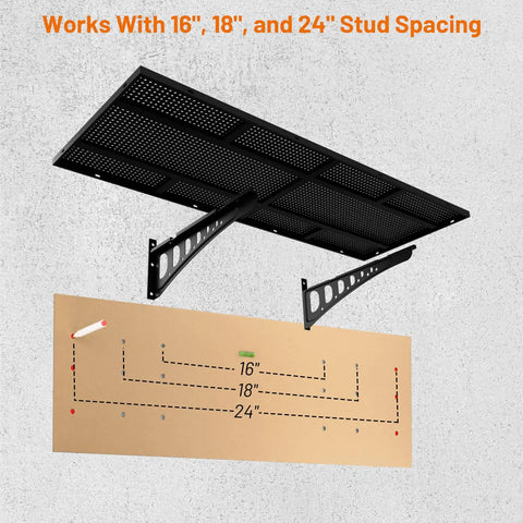 2-Pack Heavy Duty Wall Shelves 2x3ft, 500 Lb Capacity Garage Wall Mounted Shelving Racks With Complete Install Kit, Deep Flat Panels, Black hardware layout, and stud spacing guide